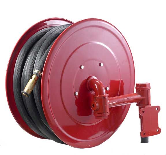 Red fire hose reel with mounting bracket and brass nozzle