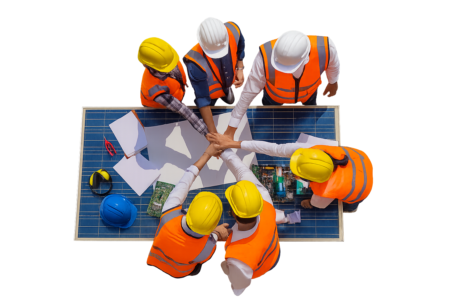 Edison Systems team in a hands-in huddle over a solar panel, symbolising commitment and teamwork