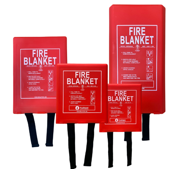 Red fire blanket packs in multiple sizes