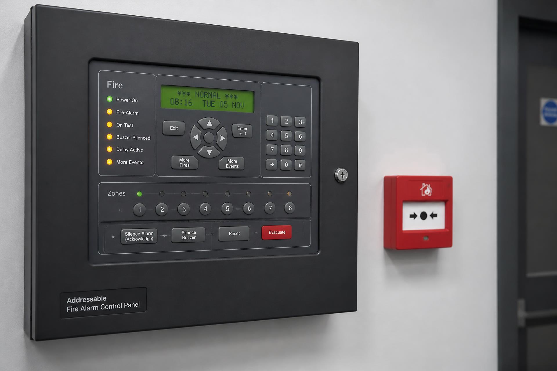 Addressable fire alarm control panel being configured by a technician