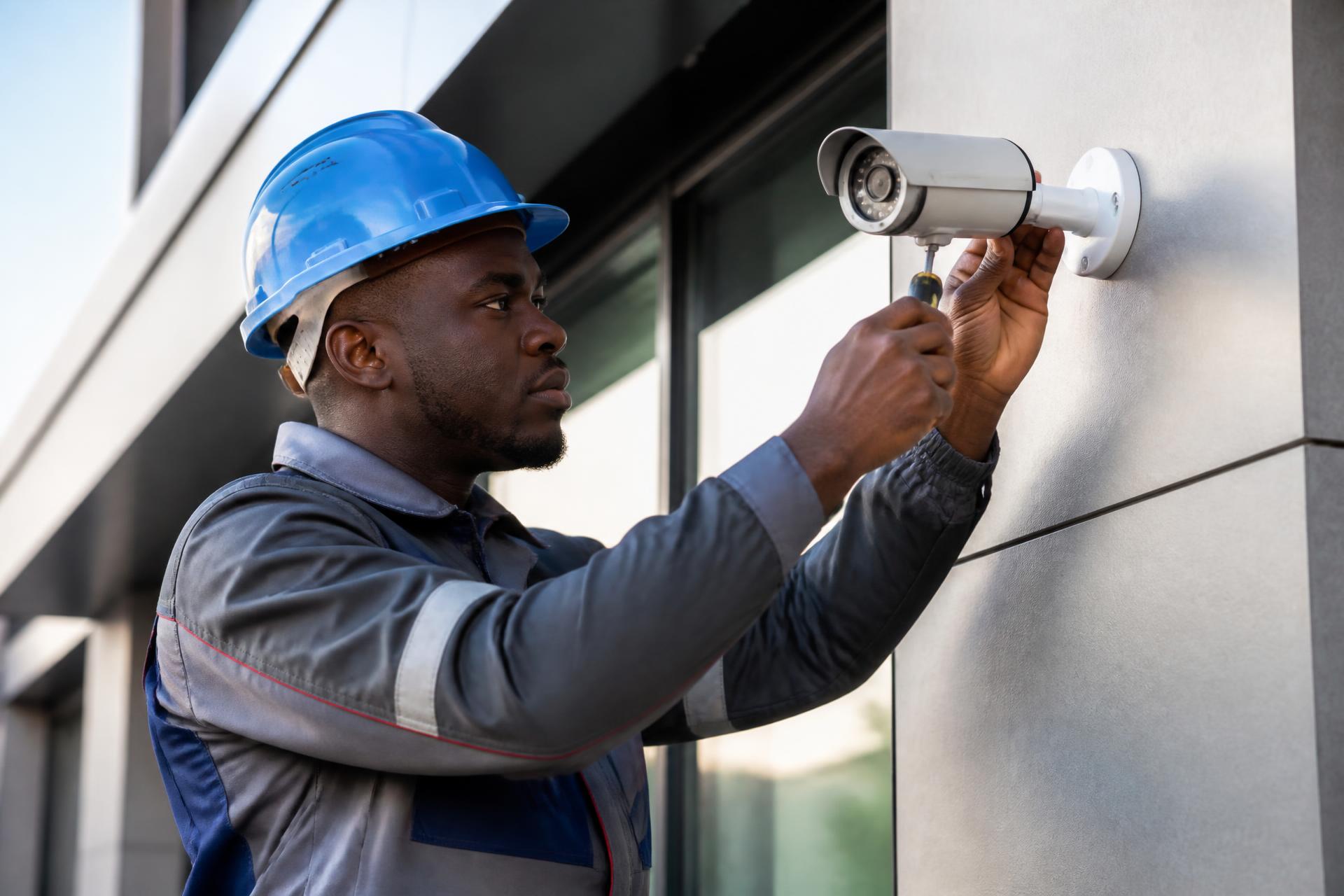 Security technician installing an IP camera above a surveillance control room