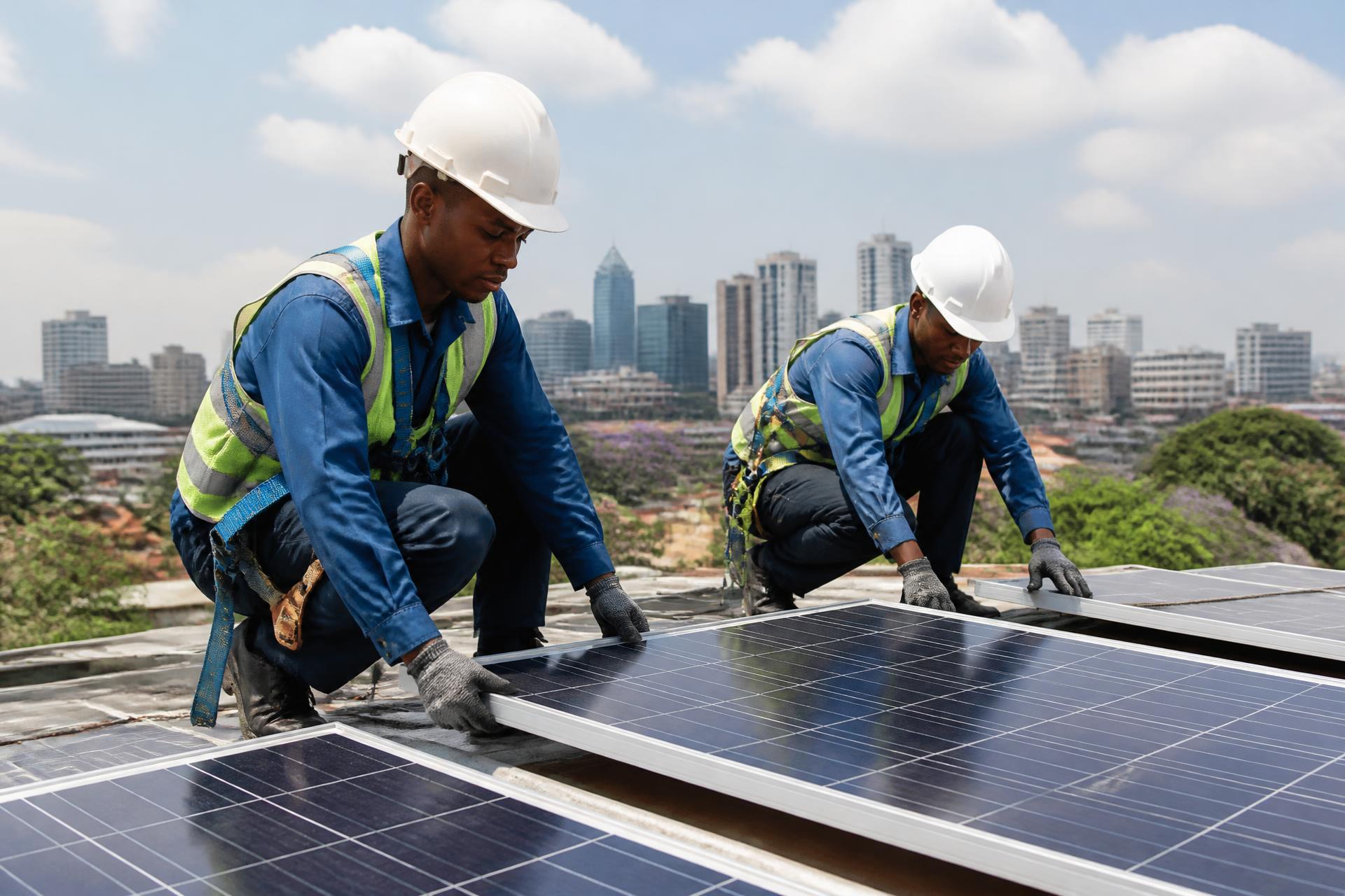 Technicians installing a rooftop solar photovoltaic array