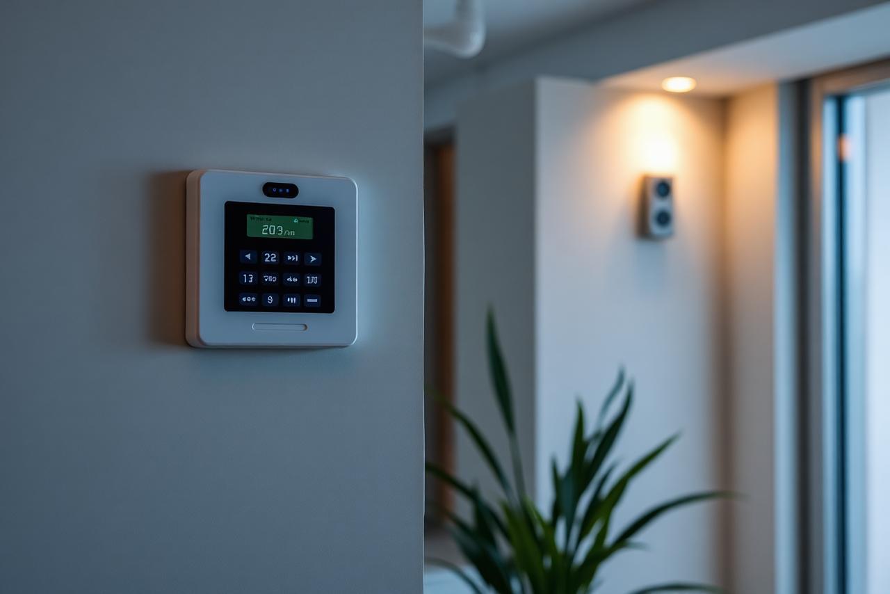 Intruder alarm control keypad with motion sensor in a home interior